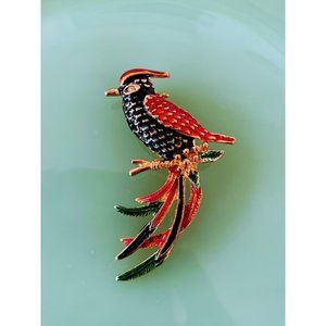 Vintage Enamel Bird of Paradise Brooch Rhinestone Eye